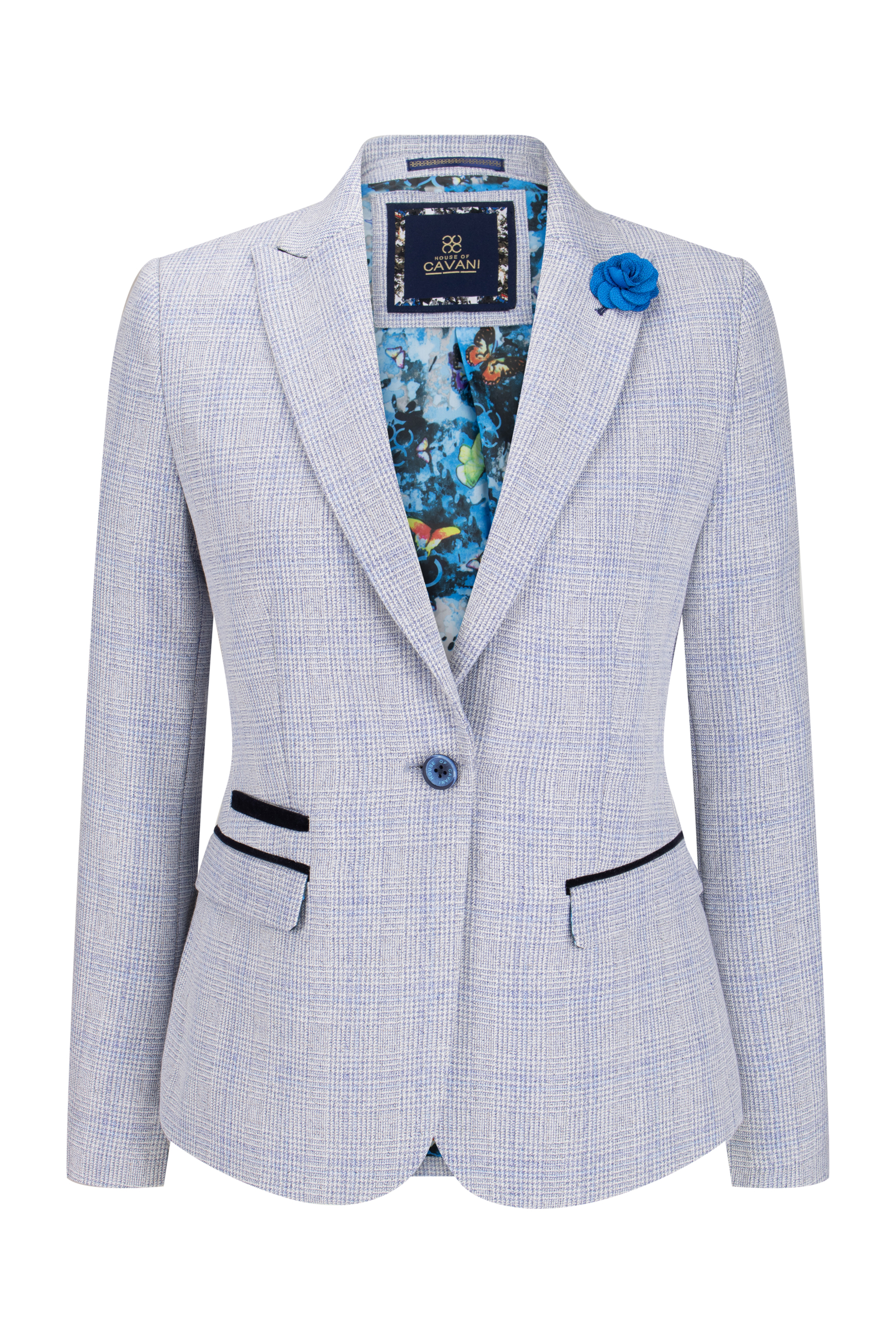 Blau karierter Damen-Blazer aus Wollmischung mit Fischgrätenmuster Image