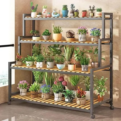 Rolling Plant Stand Bamboo 4 Tier Plant Stand Rack Shelf with Stainless Steel Frame - Multiple
