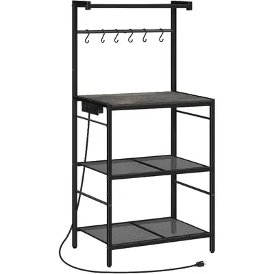 Bakers Rack with Charging Station, Microwave Stand with 6 S-Shaped Hooks, 4-Tier Storage Rack,