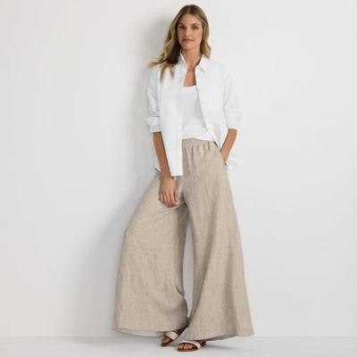 Linen Palazzo Trousers, Women, size: 16-18, regular, Ivory, Linen, by Lands' End