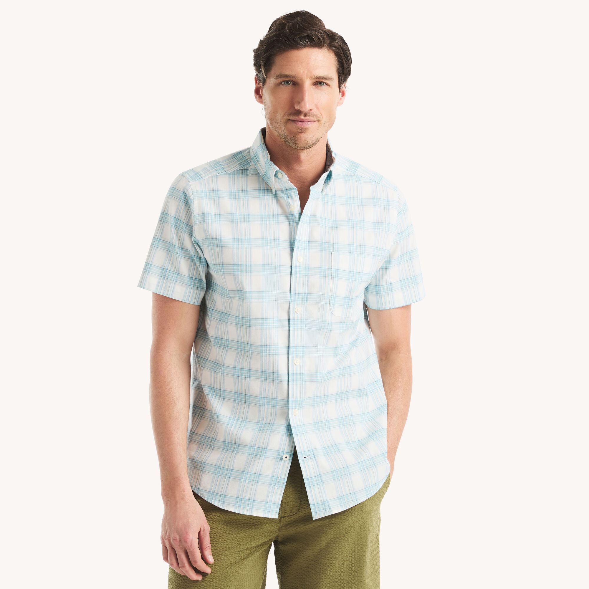 Nautica Men's Plaid Oxford Short-Sleeve Shirt 134 (Sail White), S