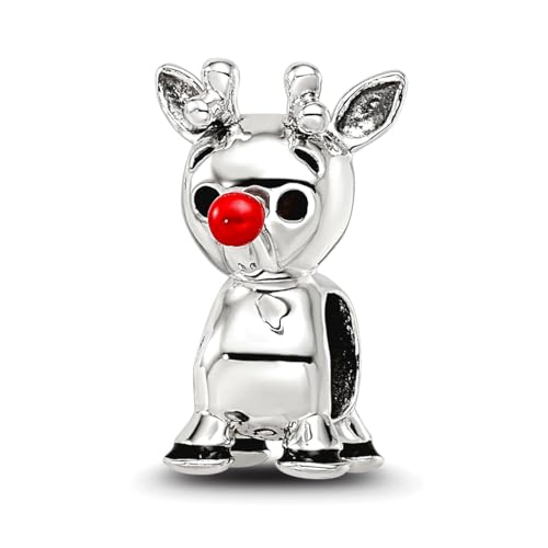 JewelryWeb 7.27mm 925 Sterling Silver Polished Reflections Red Enamel Rudolph Bead-Bead Charm Pendant Necklace for Women
