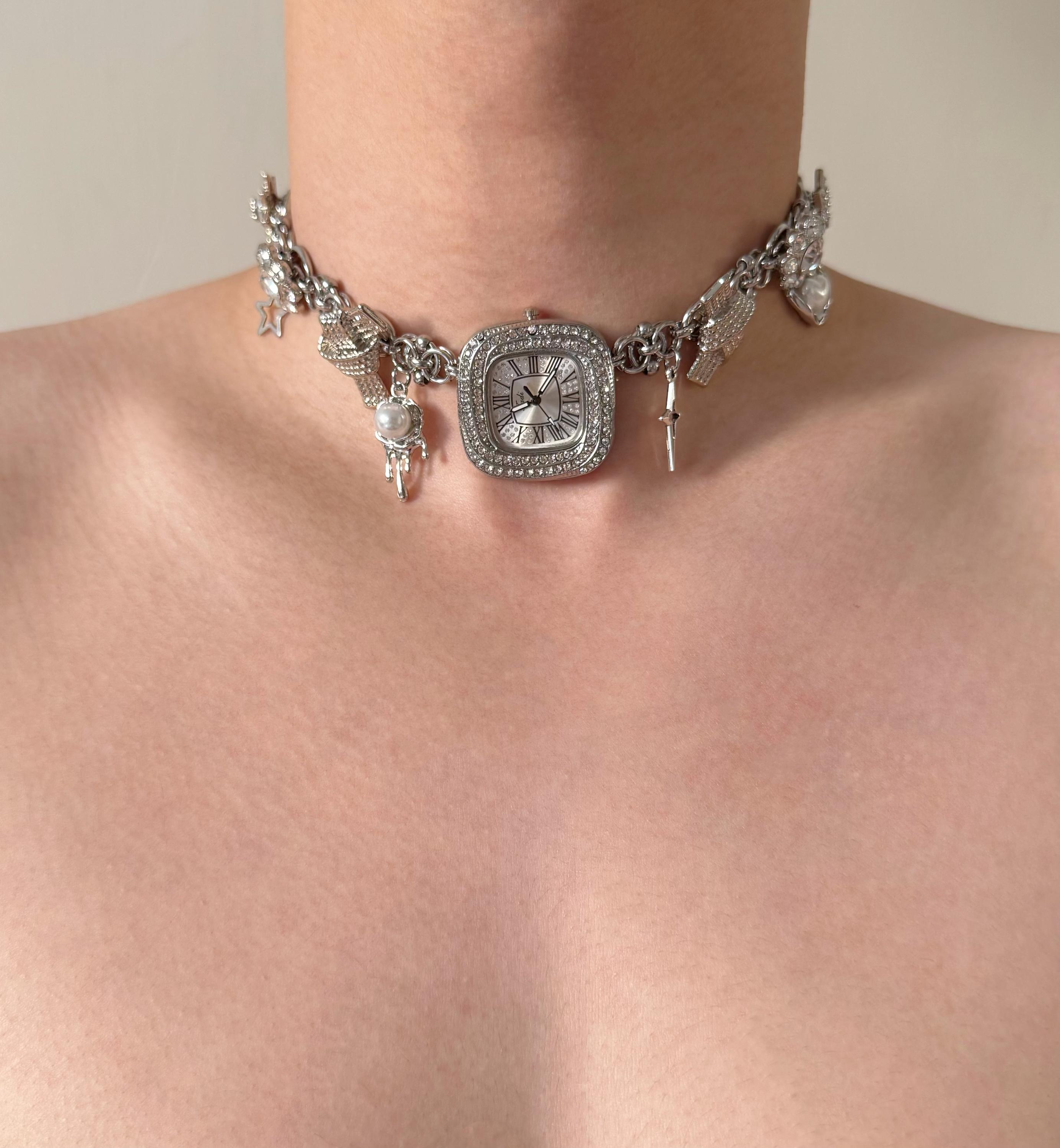 Luxuriöse Uhr Choker Halskette, Y2k Uhr Schmuck Funky Uhr Halskette Cyberpunk Y2K Grunge Halskette, wunderliche Halskette, Diamanten Halskette