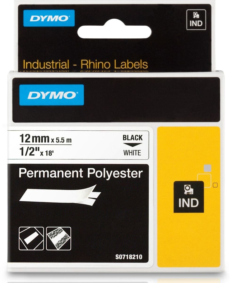 DYMO Schriftbandkassette permanent Polyester 5,5mx12mm schwarz/weiß Packung mit 5 Stück Image
