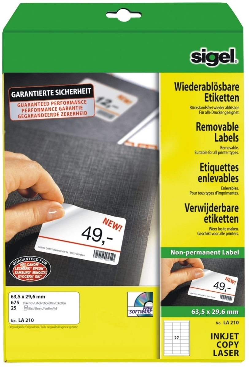 Sigel Etiketten Inkjet/Laser Kopier 63,5x29,6mm ablösbar VE=10x675 Stück (25 Blatt) weiß Image