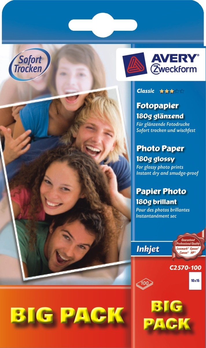 Avery Zweckform Inkjet-Fotopapier Classic A6 einseitig beschichtet glänzend 180 g/qm 100 Blatt Packung mit 24 Stück Image
