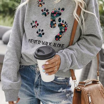 TEMU Women's Graphic Crew Neck Sweatshirt - Colorful Paw Print & Letter Design, Casual Long Sleeve Pullover For Spring/fall, Machine Washable, Fall Clothing, Design, Relaxed Fit Image