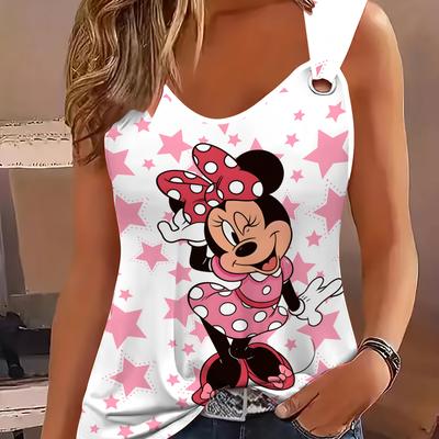 TEMU Women's Elegant Mouse 3d Print Tank Top - V-neck, Sleeveless, Double Ring , White With Pink Polka Dots, Casual Summer Wear, Casual Wear | Design | Polyester Fabric Image