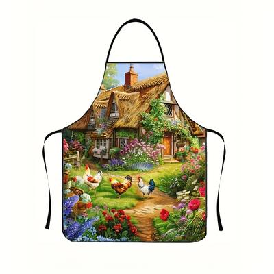 TEMU 1pc Vintage Country Farmhouse Apron, Polyester 100% Woven Fabric, 150g/m², Unisex Kitchen Apron For Cooking And Baking, Design, 150g/m² Image