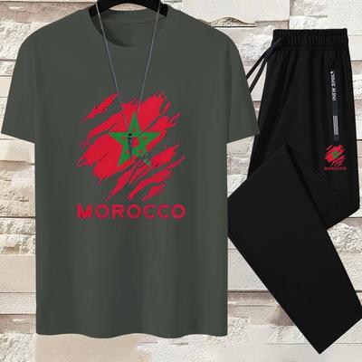 TEMU Men's Summer Casual Two-piece Set With Moroccan Print, Men's Fashionable Short-sleeved Long Pants Casual Suit Image