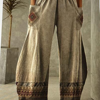 TEMU Women's Bohemian Print Wide-leg Pants - Elastic Waist Loose Fit Long Trousers With Pockets, Machine Washable Casual Outing Pants For Spring Summer Fall Image