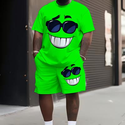 TEMU Men's Plus Size Casual Breathable Round Neck Short Sleeve Shorts Set With 3d Cartoon Pattern, Plus Size Image