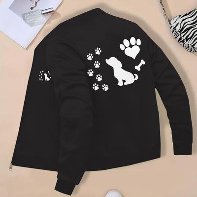 TEMU Women's Casual Zip-up Jacket With Dog & Paw Print , Black Stand Collar Lightweight Fall Winter Outerwear, Machine Washable Cozy Everyday Jacket, Image