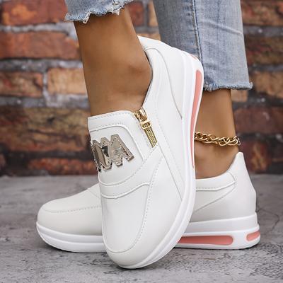 TEMU Women' Low-top Sneakers - White With Golden Accents, Comfortable Fabric Lining, Pu Sole, Zipper Closure, Versatile Footwear Image