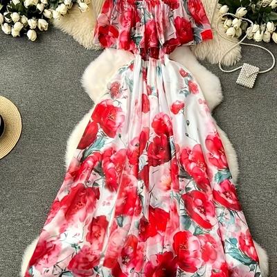 TEMU Women's Off-the-shoulder Floral Maxi Dress With Slit - Lightweight Snowflake Print, Sleeveless, Beach And Casual Attire, Beach Attire|floral Print Dress|lightweight Fabric, Beach Dresses Image