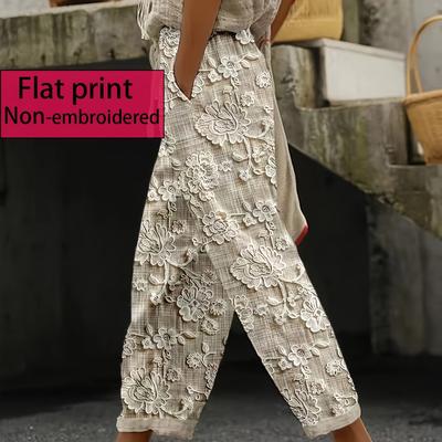 TEMU Women's Casual Floral Print Wide Leg Pants With Side Pockets, Non-embroidered, Drawstring Waist, Fit For Adult Women, Relaxed Outing Attire | Wide Leg Pants | Polyester Fabric Image