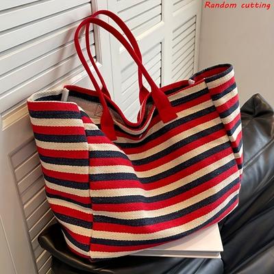 TEMU Women's Fashion Tote Bag With Striped Contrast Large Capacity Shopping Beach Bag Daily Handbag Laptop Organizer Cosmetic Purse Wallet Phone Holder Travel Crossbody Shoulder Bag Image