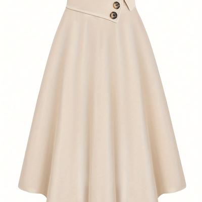 TEMU Elegant Women's High-waisted A-line Skirt With Decorative Buttons - Beige, Wide Loose Fit For Spring/summer, Autumn Casual Wear|elegant A-line Skirt|glossy Texture Skirt Image