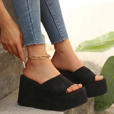 TEMU Black Platform Slide Sandals For Women - Summer Fashion, Thick Sole, Non-slip, Open Toe, Ultrahigh Heel, Casual Beach & Party Wear, Strappy Sandal Image