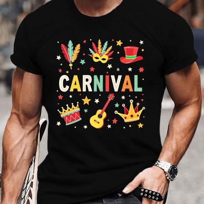 TEMU Men's Carnival Graphic T-shirt - Vibrant Short Sleeve, Polyester, Machine Washable, Summer Tee With Carnival Print Image