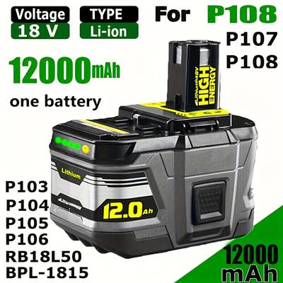 TEMU 1-2 Pack 18v 12.0ah P108 Lithium-ion Battery Replacement For Ryobi 18 Volt 12.0ah High Capacity Lithium Battery P104 P105 P107 P109 P122, Battery For Ryobi One+ Cordless Power Tools Image