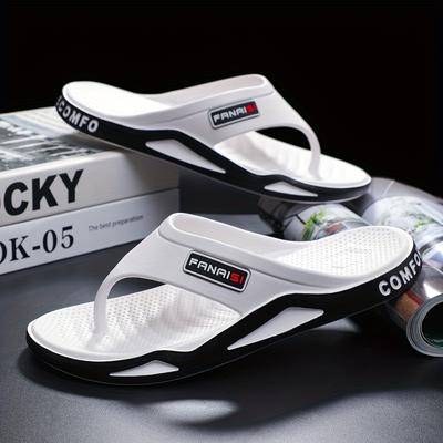 "TEMU Women's Fashionable "" Flip Flops - Slip-on, Non-slip, Comfortable Pvc Sandals With Adjustable Strap, White With Black Accents, Summer, Summer Footwear | Adjustable Strap Sandals | Pvc Sandals" Image