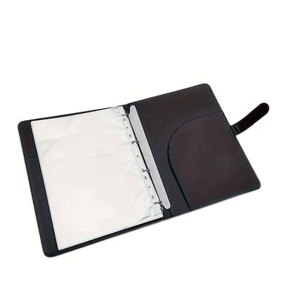 TEMU 1pc A4 Leather Portfolio Folder With Ring Binder - Oil Rubbed Finish, Foldable Business Padfolio, 40 Plastic Pockets, Insert Mount, No Electricity Needed, Desk & Drawer Organizer For Home Storage Image