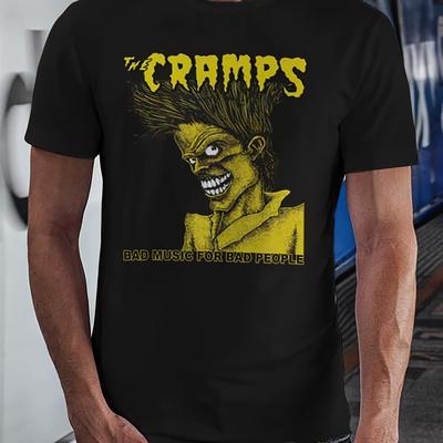 TEMU 1pc The Cramps Graphic Tee - Casual Cotton T-shirt With Digital Heat Transfer, Crew Neck, Short Sleeve, Loose Fit, ,/m2 - Black Image