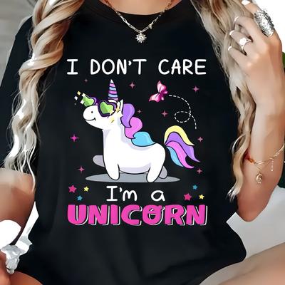 TEMU Women's Oversized Unicorn Print T-shirt, Casual Short Sleeve Crew Neck Tee, Polyester Knit Fabric With Stretch, Pullover Top, Perfect Gift Idea Image