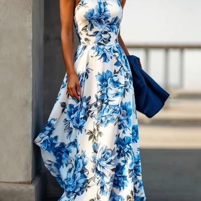 TEMU Women's Floral Print Halter Neck A-line Maxi Dress - Lightweight Machine-washable Summer Beach Vacation Dress With Floral Pattern, Spring/summer Casual Outfit, Spring Fashion, Flowy Skirt Style Image