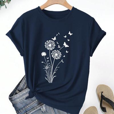 TEMU Dandelion Print Women's T-shirt - Round Neck, Short Sleeve Casual Top, Machine Washable, Soft Fabric, Suitable For Spring/summer Wear, Women's Clothing Image