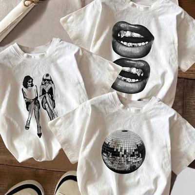 TEMU Yy0228175 White + White + Black Three-piece Set Y2k Portrait Women's Casual Short Sleeve T-shirt For Spring, Summer, And Autumn Image
