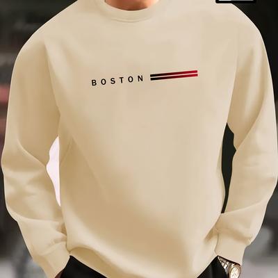 "TEMU Men's Plus Size Boston Graphic Sweatshirt - Casual Long Sleeve Crew Neck Pullover With "boston" Print, Design, Regular Fit, Casual Wear|graphic Print Top|, Plus Size" Image