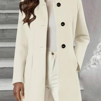 TEMU Button Front Stand Collar Coat, Elegant Long Sleeve Side Pocket For Fall & Winter, Women's Clothing Image