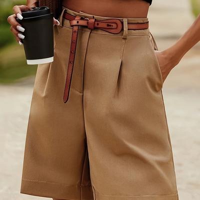 TEMU Women's Casual Beige Shorts With Side Pockets - Breathable Summer Style, Elegant High-waisted Design, Comfortable For Casual Attire, No Belt Included, High Waisted Shorts Image