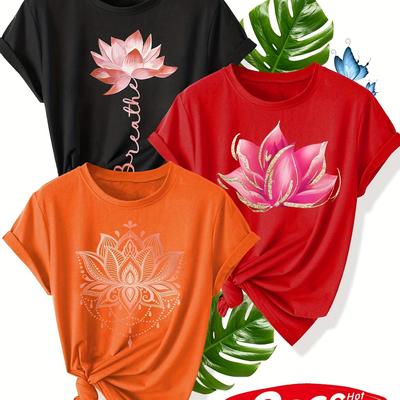 TEMU 3pcs Floral Print Women's Casual T-shirt Set - Soft Polyester, Round Neck, Short Sleeve, Summer Sportswear, Options, Breathable Design For , Casual Wear|floral Print Tee|polyester Fabric Image