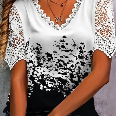 TEMU Women's Elegant Lace Trim V-neck Blouse With Black & White Floral Print - Stretchy Machine-washable Top For Casual & Formal Wear Image