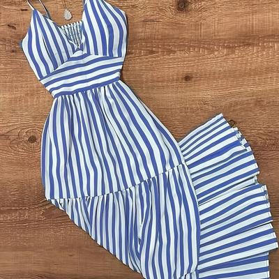 TEMU Women's Slim Fit V-neck Striped Dress With Sleeves & Tiered Hem - Lightweight Machine-washable Casual Dress For Spring Summer Fall, Beach Party To Casual Image