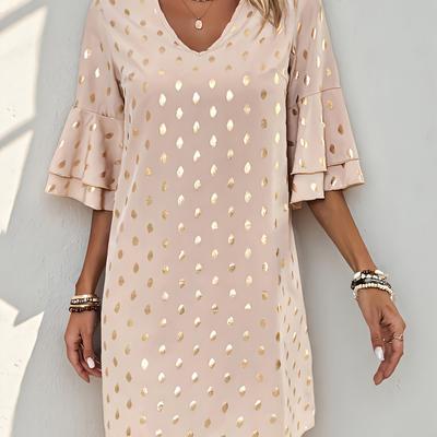 TEMU Women's Elegant French-inspired V-neck Bell Sleeve Dress - Beige With Golden Polka Dots, Fitted Silhouette, Machine Washable, Versatile For Casual & Formal Occasions Image