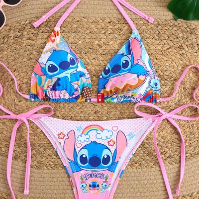 TEMU Authorized - 2pcs/a Set Stitch Pink And Blue Cute Cartoon Bikini For Small Busts, Beach Vacations. Image