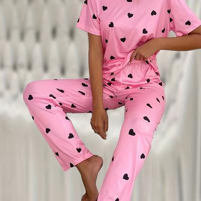 TEMU Sleepwear] Women's Cozy Pink Heart Pattern Pajama Set - Casual Short Sleeve & Waist Pants, Soft Polyester, Machine Washable Sleepwear Image