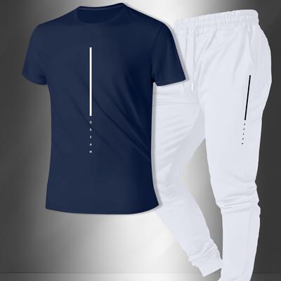 TEMU Men's Vacation Short Sleeve Suit, Casual Short Sleeve Round Neck T-shirt Drawstring Long Pants Suit, Men's Summer Outdoor Clothing 2pcs Set Image
