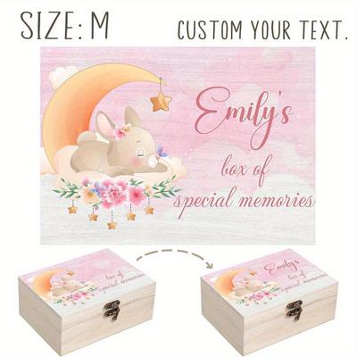 TEMU Personalized Wooden Keepsake Box With Moon Bunny & - Handcrafted Solid Wood Lidded Storage Bin, Customizable Gift Box For Birthdays, Christenings, Home Decor & Special Occasions, Trinket Box Image