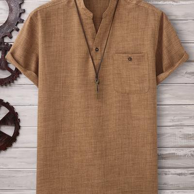 TEMU Men's Lightweight Summer Casual Button-up Shirt With Chest Pockets - Short Sleeve, Stand Collar, Beige Fabric, Breathable & Comfortable For Casual Attir Image