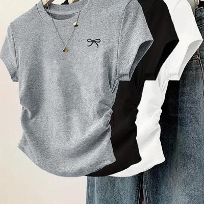 TEMU 3pcs Women's Casual Stylish Fitted Top With Small Bow Print Details, Simple Solid Color, Pleated Pullover, Round Neck, Short Sleeve T-shirt Set. Image