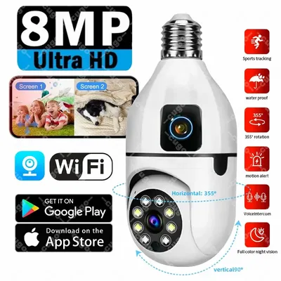 8MP E27 Bulb WIFI Camera Dual Lens Smart Home Surveillance Camera AI Human Tracking Voice Alarm Two-way Audio 8X Zoom HD Cameras