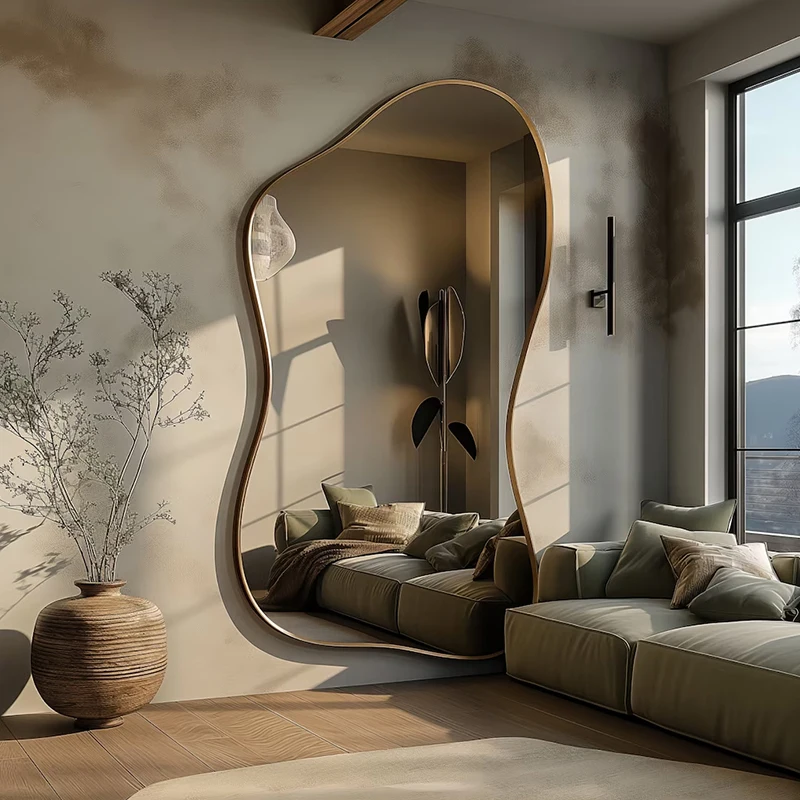 Großer Ganzkörperspiegel, stehend, Kunstwand, luxuriöser, unregelmäßiger Rahmen, Akzent, einzigartiger Spiegel, Xenomorph Espelhos, trendige Möbel Image