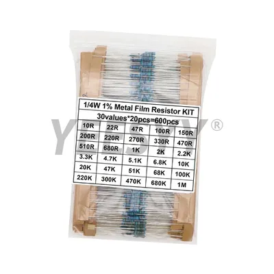 600Pcs 300Pcs 1/4W Metal Film Resistor kit set 30 Values resistors pack , 10 ohm ~1M Resistance 1% Image