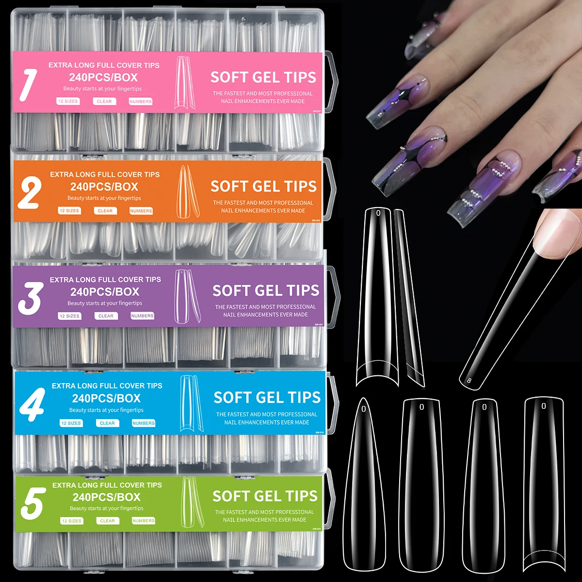 240 Stück weiche Gel-Nagelspitzen, extra lang, vollständige Abdeckung, falsche Nagelspitzen für Nagelverlängerungen, künstliche Nägel, Y2K, klare Nagelspitze zum Aufdrücken Image