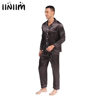Herren-Pyjama-Set aus Satin mit langen Ärmeln, zweiteilig, Pyjama-Nachtwäsche, V-Ausschnitt, Umlegekragen, Schlafoberteile und Hosen, Nachtwäsche, Heimkleidung Image
